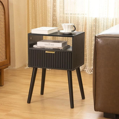 Black Nightstand, Modern Bedside Table with Fluted Drawers, Small Night Stand with Storage and Solid Wood Legs for Bedroom, Dorm and Small Space (Black)