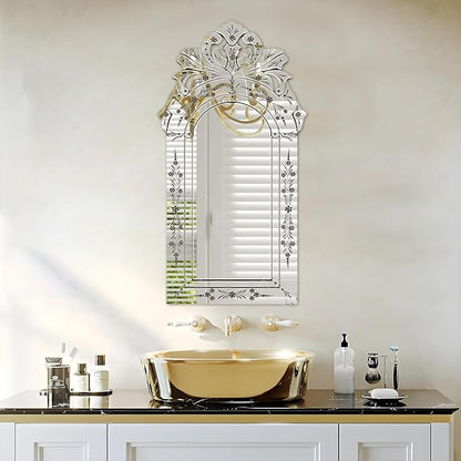 KOHROS Bathroom Vanity Mirror with Floral Etched 40" x 21" Decorative Wall Mirror Frameless Beveled Edge Bathroom Mirror for Vanity Bedroom