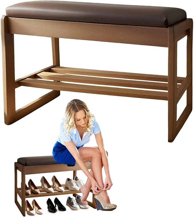 2-Tier Wood Shoe Bench with Flip-Top Storage Cabinet, 23.6", Entryway Bench with Shoe Storage, Front Door Shoe Rack（Walnut）