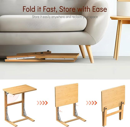 Tatub 24'' Folding TV Tray Table, Foldable C Shaped End Table Slide Under Couch, Small Sofa Side Laptop Desk for Living Room, Bedroom, Nature