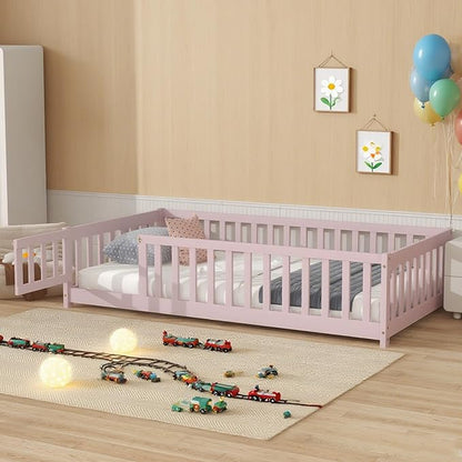 Twin Floor Bed Frame with Slats and Safety Guardrail, Wood Twin Size Montessori Floor Bed with Door and Fence, Easy Assemble Montessori Beds for Kids, Girls, Boys, Pink