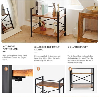 Crofy Rustic Bookshelf, 2 Tier Real Wood Bookshelf, Metal Book Shelf for Storage, Black Bookcase, 12.6" D x 23.62" W x 22.83" H