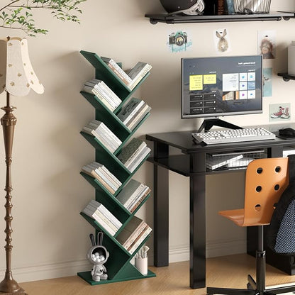 10 Tier Tree Book Shelf, Floor Standing Wood Bookshelf for Narrow Space, Storage Organizer Bookshelves for Books/CDs/Magazine, Bookcase with Shelves for Home Office, Living Room