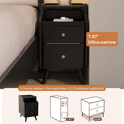 Wood Nightstand, Black Nightstand with 2 Drawers, Bedside Table for Bedroom