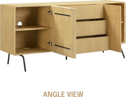 NTC Veil Modern Sideboard with 4 Doors, Buffet Cabinet with Vertical Groove Design and Metal Legs, Storage Cabinet for Living Room, and Hallway, Effortless Assembly, Sand