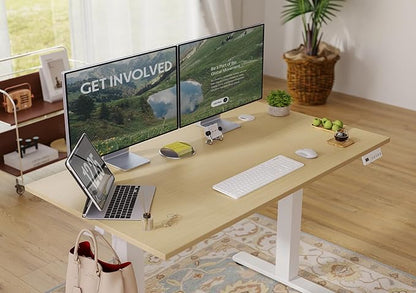 Seang Electric Standing Desk Adjustable Height, 40 x 24 Inch Sit Stand Desk with T-Shaped Frame, 3 Memory Presets & Cable Management for Home Office Computer Workstation, White Frame/Nature Top