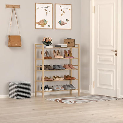 Haddockway Bamboo Shoe Rack for Closet, Free Standing Shoe Organizer with Smooth Round Rods & Convenient Handles, Stackable Shoe Storage Shelf for Entryway, Hallway(Natural, 5-Tier)
