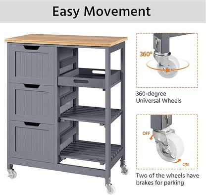 Yaheetech Kitchen Island Cart on Wheels with Storage, Rolling Bar Cart with Solid Wood Top and 3 Drawers, 3 Removable Shelves, Serving Utility Carts for Dining Room/Small Kitchen, Dark Gray