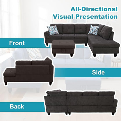 Couches for Living Room Modern L Shaped Couch Comfy Fluffy Fabric 3 Pieces Sectional Sofa with Chaise, Ottoman with Storage for Office and Small Apartment, Dark Brown