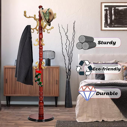 73 in Wood Coat Rack, Coat Rack Freestanding with Stable Round Base, Adjustable Height Tree Coat Racks Stand for Home Bedroom Office Hallway Entryway (Haitang color)