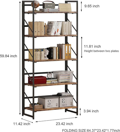 JSB No Assembly Folding Bookshelf, 5 Tier Industrial Metal Book Shelf for Storage, Vintage Wood Foldable Bookcase for Living Room, Bedroom, Office Organization Shelves
