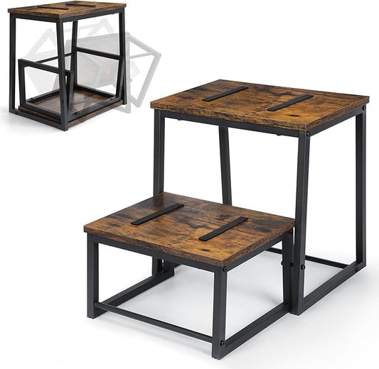 Vrisa Wood Step Stool for Adults Bedside Steps for High Beds Two Step Stools with 550Lbs Load Capacity Heavy Duty RV Stepping Stool for Kitchen Bedroom Living Room, Rustic Brown