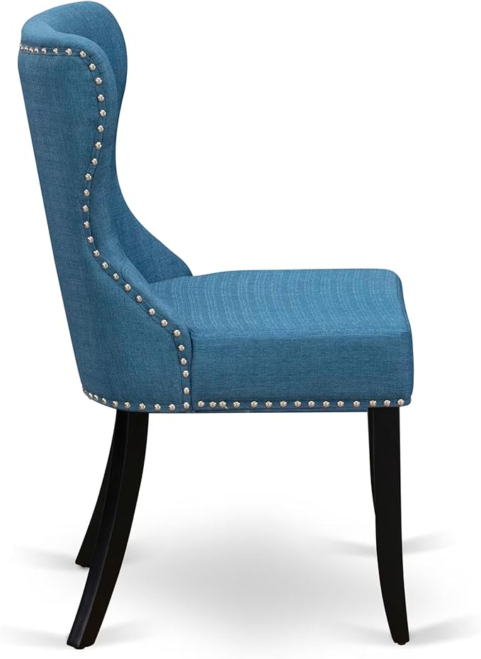 LKSI7-SBB-21-7-Piece Modern Dining Set Consists of a Mid Century Table and 6 Blue Linen Fabric Parson Chairs with Button Tufted Back - Sand Blasting Black Finish