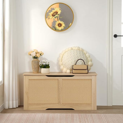 HOOBRO Storage Bench, 39.3" Toy Box, Rattan-Like Storage Chest, Sturdy Entryway Bench Supports 220 lb, Toy Chest, Safety Hinge, U-Shaped Opening, Easy Assembly, Natural NL11CW01
