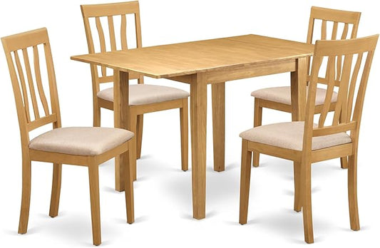 East West Furniture NDAN5-OAK-C 5 Piece Dining Room Table Set Includes a Rectangle Kitchen Table with Dropleaf and 4 Linen Fabric Upholstered Dining Chairs, 30x48 Inch, Oak