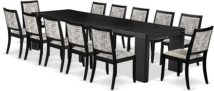 X12X2-006-30 - 13-piece Dining Room Table Set a Rectangular Kitchen Table and 12 Wire Brushed Black Polyester Fabric Stackable Chair, 39x120 Inch, Wire Brushed Black