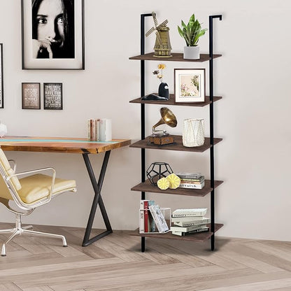 5 Tiers Ladder Shelf 2-Piece Black Modern Tall Bookshelf Open Large Tall Wall Mount Storage Bookcase Standing Leaning Wall Shelves Industrial Decorative (Brown)