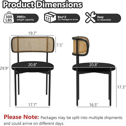 Mid Century Modern Dining Chairs Set of 4 with Rattan Backrest,Velvet Upholstered Accent Kitchen & Dining Room Chairs with Sturdy Metal Frame,Black