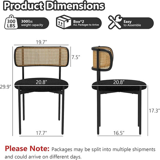 Mid Century Modern Dining Chairs Set of 4 with Rattan Backrest,Velvet Upholstered Accent Kitchen & Dining Room Chairs with Sturdy Metal Frame,Black