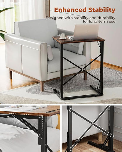 21''Wx28''H Folding TV Tray for Eating, Small Foldable C-Shaped Tray Table with Tablet and Phone Slots, Slide Under Couch Side Table for Recliner, Living Room, Bedroom, Rustic Brown