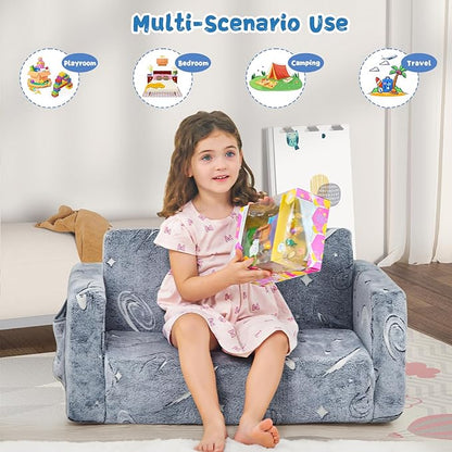Toddler Chair Comfy,2-in-1 Soft Toddler Couch Fold Out for Kids,Convertible Sofa to Lounger,Gift for Girls and Boys Birthday,Space,Large