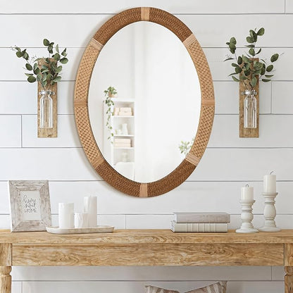 ULIKE Oval Rattan Wall Mirror, 22x30 Inch Rustic Farmhouse Wall Decor with Wicker Frame, Boho Mirror for Nursery Bathroom Bedroom Living Room Entryway