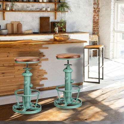 Topower Antique Industrial Round Bottom Adjustable Height Cafe Coffee Retro Vintage Stylish Water Pipe Design Pub Kitchen Bar Stool (Antique Green, Wooden Top)