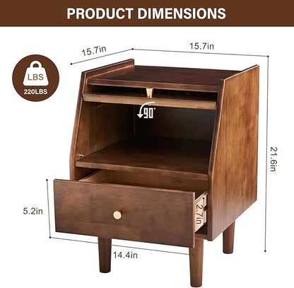 CozyDH Rattan Farmhouse Nightstand with Drawer, Solid Wood Nightstand, 21" Bedside Table for Bedroom Sofa Side, Wooden End Tables Living Room, Walnut
