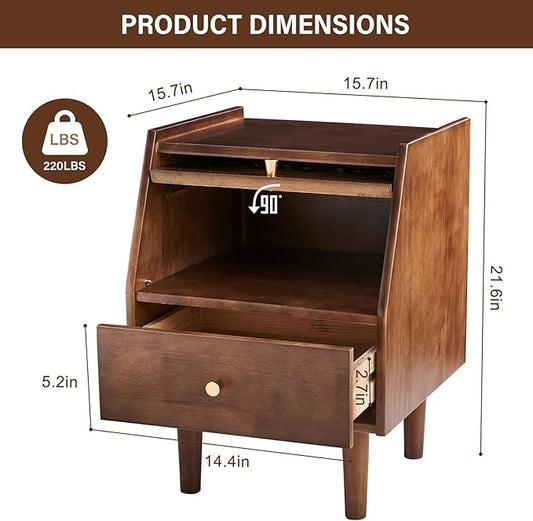 CozyDH Rattan Farmhouse Nightstand with Drawer, Solid Wood Nightstand, 21" Bedside Table for Bedroom Sofa Side, Wooden End Tables Living Room, Walnut