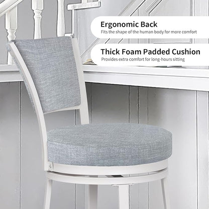 Bar Stools, Counter Height Barstools Set of 2, 25" Linen Fabric Metal Round Swivel Bar Chairs with Back, Modern Upholstered Counter Stools for Kitchen Island, Grey & White