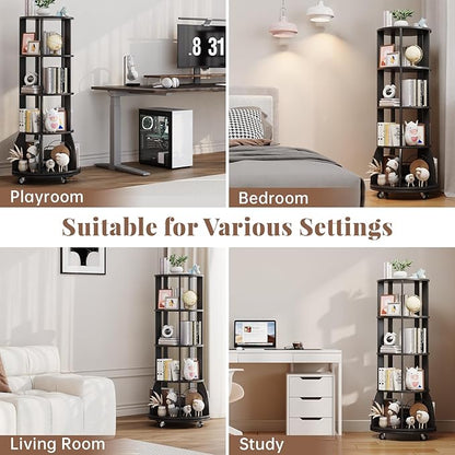 4 Tier Rotating Bookshelf with Brake Wheels, 360° Spinning Bookcase, Vertical Floor Standing Revolving Bookshelf Organizer for Small Spaces, Corner, Living Room, Bedroom, Black