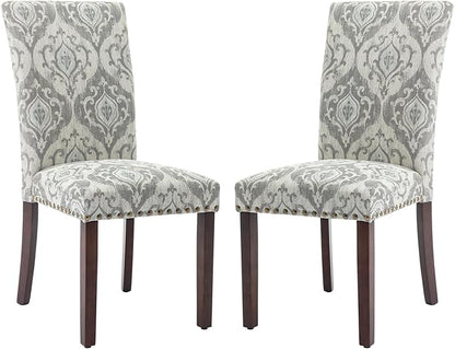 COLAMY Upholstered Parsons Dining Chairs Set of 2, Fabric Dining Room Kitchen Side Chair with Nailhead Trim and Wood Legs - Grey/White Flower