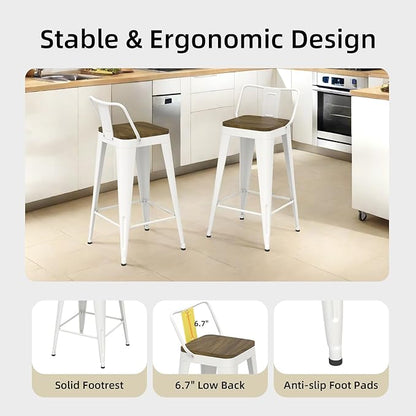 White Bar Stools Set of 4, Metal Bar Stools with Wooden Seat, Modern 30”Counter Height Barstools with Low Back