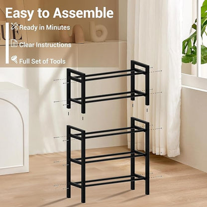 Haddockway Bamboo Shoe Rack for Closet, Free Standing Shoe Organizer with Smooth Round Rods & Convenient Handles, Stackable Shoe Storage Shelf for Entryway, Hallway(Black, 5-Tier(Small))