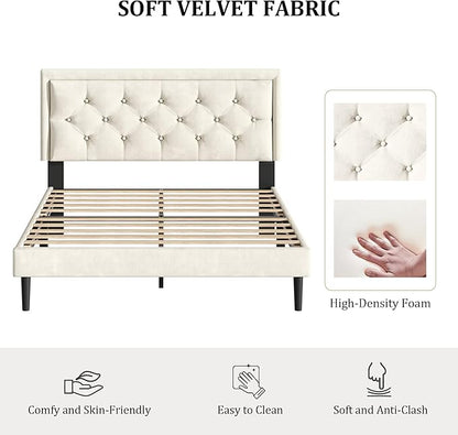 Queen Size Platform Bed Frame with Upholstered Velvet Button Tufted Headboard, Mattress Foundation with Wooden Slat Support, No Box Spring Needed, Easy Assembly, Noise Free, Beige