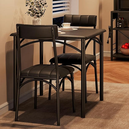 GarveeHome Dining Table Set for 2, Kitchen Table with 2 Upholstered Chairs, Wood Square Dining Table and Chairs Set for Small Space, Apartment, Dinner, Rustic Black