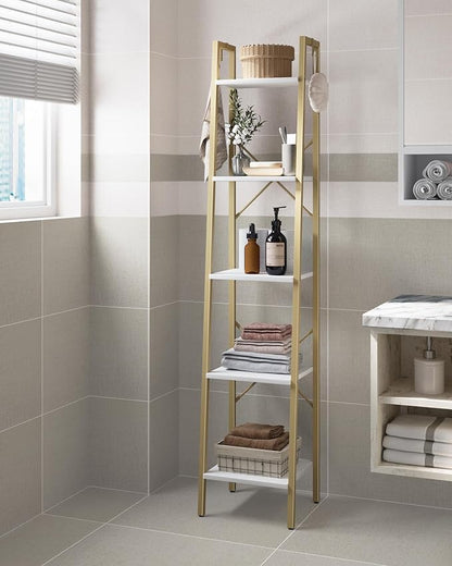 Ladder Shelf, Bookshelf Bookcase, Freestanding Corner Storage Shelve with 2 Hooks for Home Office, Living Room, Kitchen, Bedroom, Industrial, 5-Tier White Gold BC03213G