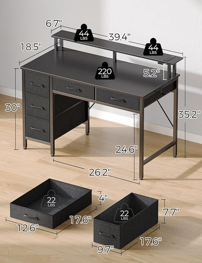 Seventable Computer Desk with Power Outlets & LED Light, 39 inch Home Office Desk with 5 Drawers, Writing Desk with Monitor Stand,Work Desk for Home Office, Black