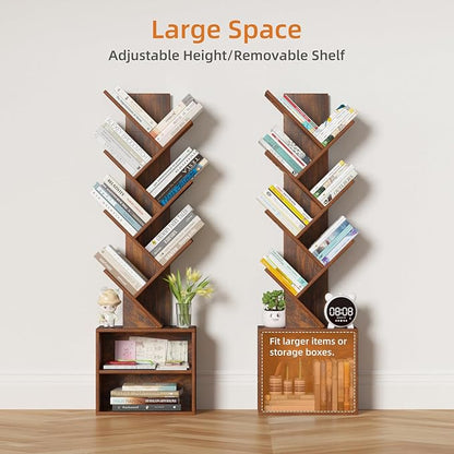 10 Tier Tree Bookshelf,Floor Standing Wood Tall Bookcase for Narrow Space, Storage Organizer Bookshelves for Books, Book Case for CDs/Movies/Books,Home Office,Living Room, Bedroom