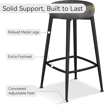 Counter Height Bar Stools, 26" H Backless Bar Stools Set of 2, Upholstered Faux Leather Kitchen Counter Stools, Mid Century Modern, Kitchen Island Home Bar, Pub, Black Grey