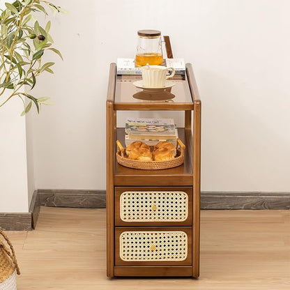 Bamboo & Rattan Side Table with Glass Top – 2-in-1 End Table and Bedside Cabinet with Drawer Storage for Small Spaces, Bedroom, Living Room,Walnut