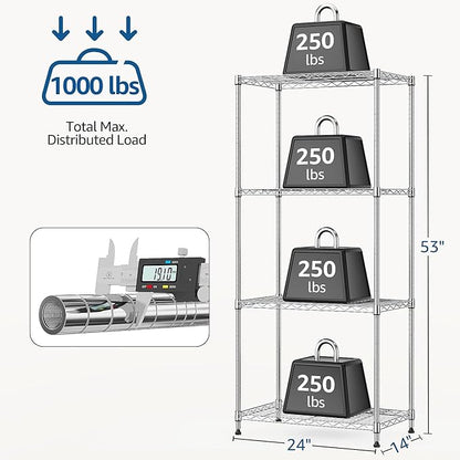 1000 lbs 4Tier Shelf Metal Storage Shelves Wire Rack Closet Organizers with Wheel for Garage Kitchen Bathroom Laundry Chrome 13.7" D x 23.6" W x 53.4" H