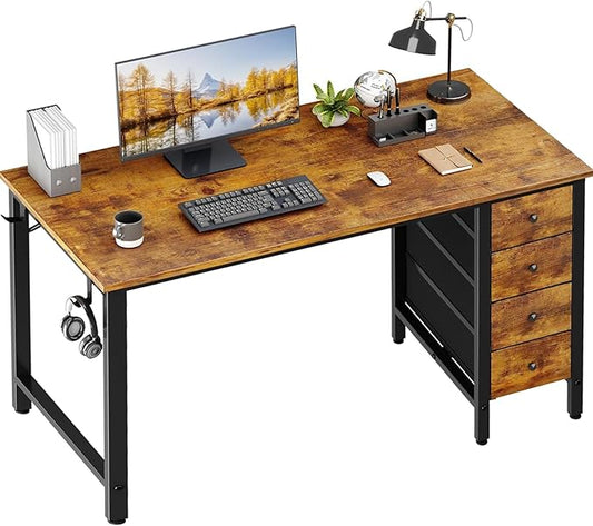 Lufeiya Computer Desk with Fabric Drawers - 55 Inch Long Study Work Writing Desk for Home Office Bedroom, Reversible Simple Modern Cute PC Desks with Drawer, Rustic Brown