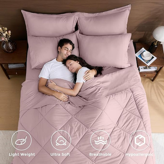 HEVUMYI Rose Gold Full Comforter Set - 7-Piece All Season Bed in a Bag Full, Ultra Soft Bedding Set with Comforter, Flat Sheet, Fitted Sheet, Pillowcases, Pillow Shams