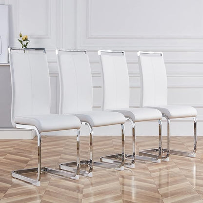 Dining Chairs Set, Kitchen Modern Metal Chairs with Faux Leather Padded Seat High Back and Sturdy Chrome Legs, Chairs for Dining Room (White, Set of 2)