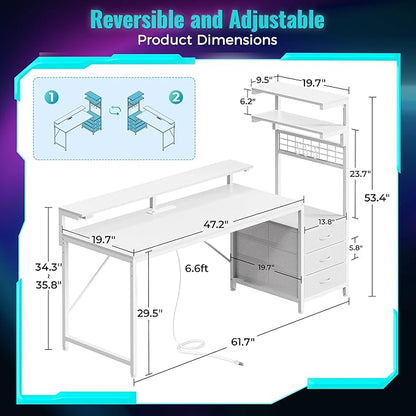 PRAISUN 61.7" Gaming Desk with LED Lights & Outlets, Computer Desk with 3 Fabric Drawers, PC Desk with PC Case Stand & Movable Storage Shelves, Monitor Stand, Reversible, White