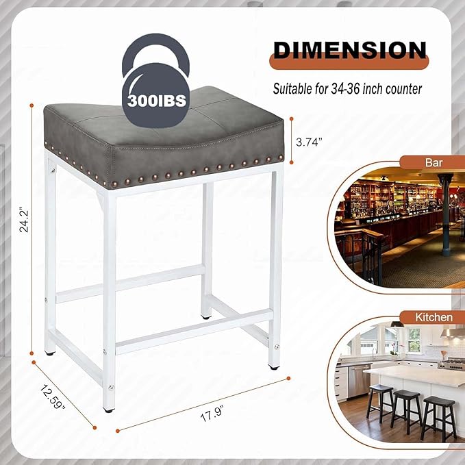 Bar Stools Set of 4, 24" Counter Height Bar Stools Set of 4 with Thick Saddle Cushion and Barstools Metal Frame, Modern Backless Saddle Counter Stools for Kitchen Island Bar Grey+White