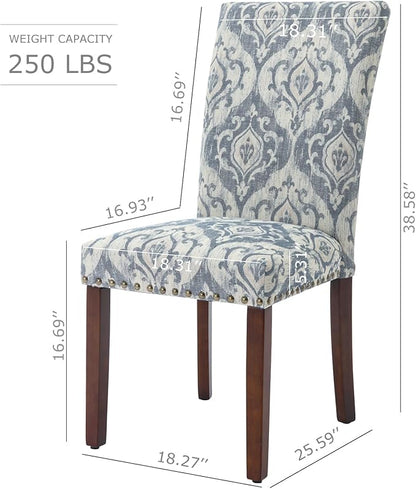 COLAMY Upholstered Parsons Dining Chairs Set of 6, Fabric Dining Room Kitchen Side Chair with Nailhead Trim and Wood Legs - Blue/White Flower