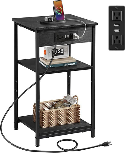 WLIVE Black End Table with Charging Station, Slim Night Stand with 3 Storage Shelves, Small Side Tables for Small Spaces, Bedside Tables for Living Room, Bedroom