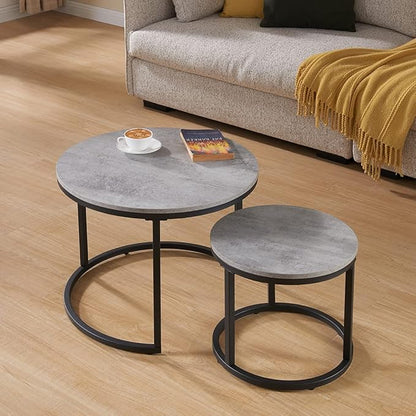 CENSI 24" Round Nesting Table, Accent Coffee Table, Grey Faux Concrete Wood Finish, Space-Saving, Modern Industrial Style
